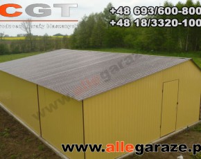 Garaż blaszany 9x6 dwuspadowy piaskowy RAL1002 brama uchylna