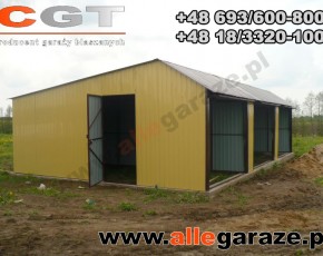 Garaż blaszany 9x6 dwuspadowy piaskowy RAL1002 brama uchylna