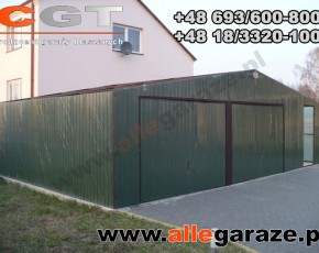 Garaż blaszany 9x6 dwuspadowy zielony RAL 6005 brama uchylna