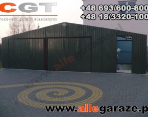 Garaż blaszany 9x6 dwuspadowy zielony RAL 6005 brama uchylna