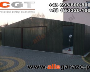 Garaż blaszany 9x6 dwuspadowy zielony RAL 6005 brama uchylna