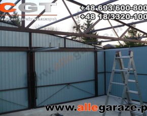Garaż blaszany 9x6 dwuspadowy zielony RAL 6005 brama uchylna