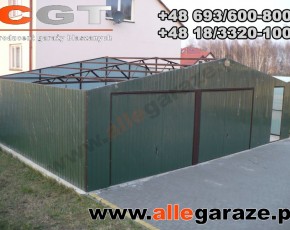 Garaż blaszany 9x6 dwuspadowy zielony RAL 6005 brama uchylna