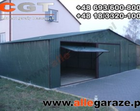 Garaż blaszany 9x6 dwuspadowy zielony RAL 6005 brama uchylna