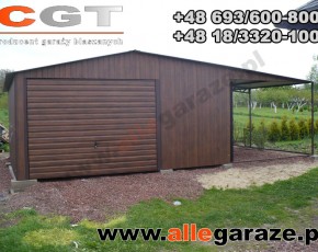 Garaż blaszany 5x5 orzech zadaszenie 3x5 dwuspadowy brama uchylna