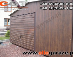 Garaż blaszany 5x5 orzech zadaszenie 3x5 dwuspadowy brama uchylna