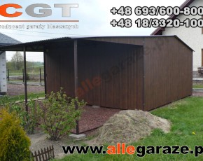 Garaż blaszany 5x5 orzech zadaszenie 3x5 dwuspadowy brama uchylna