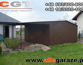 Garaż blaszany 5x5 orzech zadaszenie 3x5 dwuspadowy brama uchylna