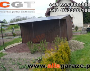 Garaż blaszany 5x5 orzech zadaszenie 3x5 dwuspadowy brama uchylna