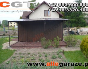 Garaż blaszany 5x5 orzech zadaszenie 3x5 dwuspadowy brama uchylna