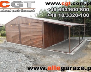 Garaż blaszany 6x5 orzech z zadaszeniem 