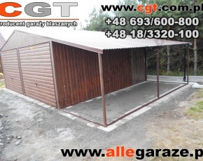 Garaż blaszany 6x5 orzech z zadaszeniem 