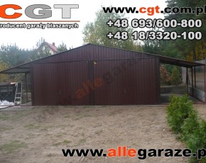 Garaż blaszany 6x5 RAL 8017 brązowy z zadaszeniem 
