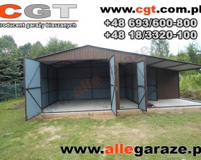 Garaż blaszany 6x5 orzech z zadaszeniem 