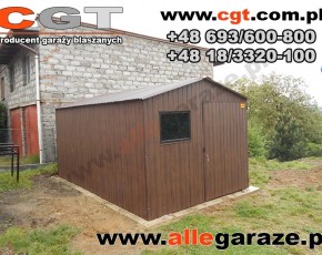 Garaż blaszany 3x5 orzech dwuspadowy drzwi